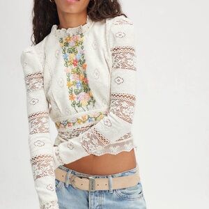 Free People Cream Lace Blouse with Floral Embroidery